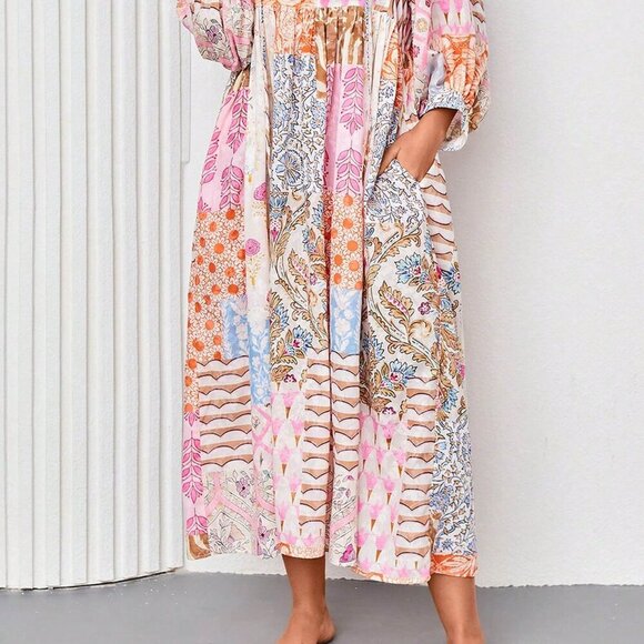 Multicolor Boho Women's Lantern Sleeve Maxi Dress V Neck Tie Patchwork Print - Picture 4 of 5